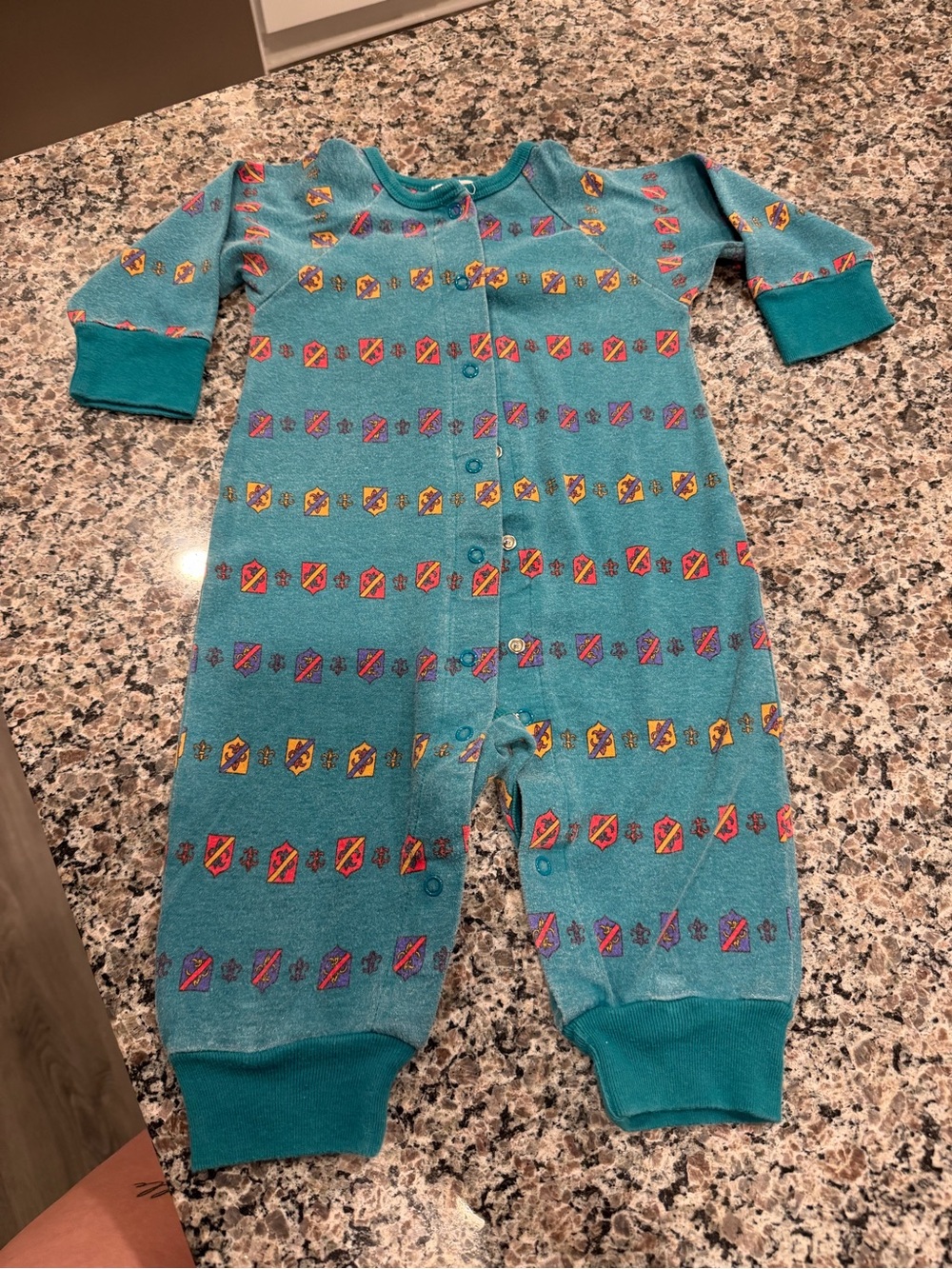 Vintage BabyGAP Teal One-Piece with Multicolor Shield Pattern